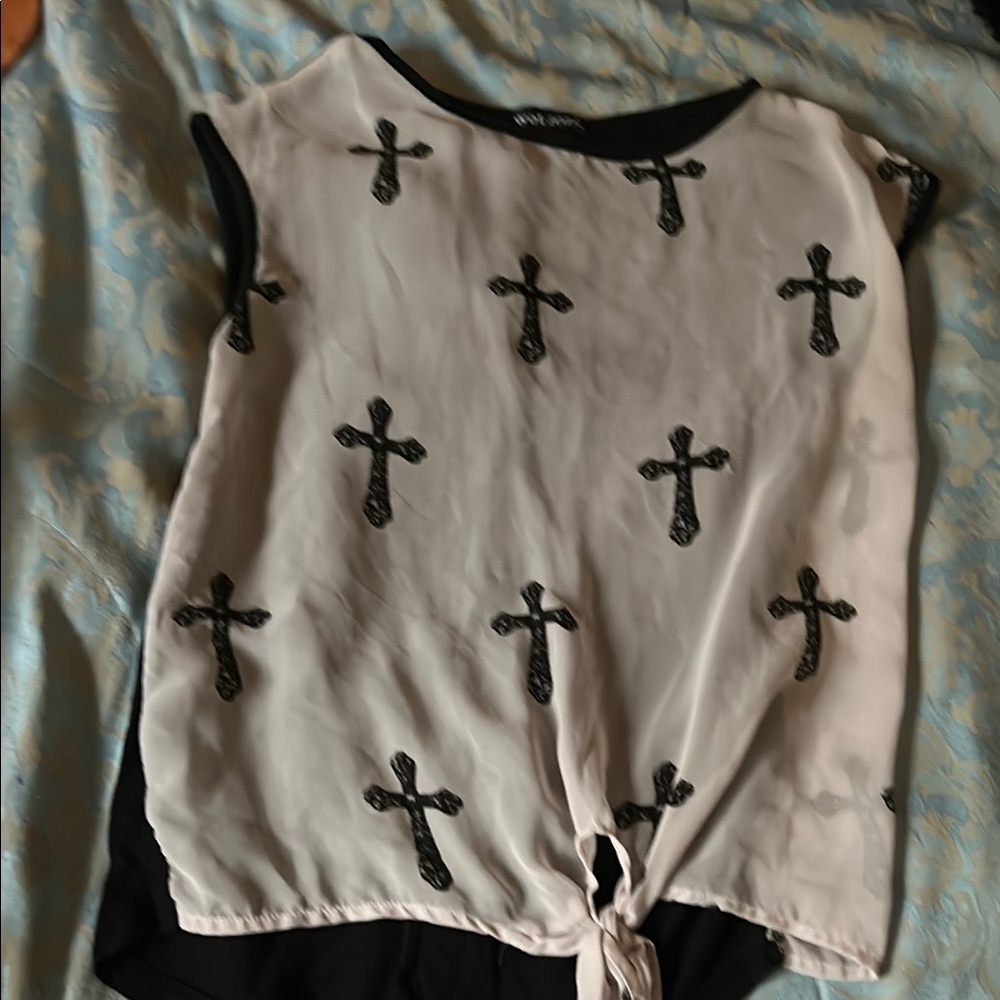 White and Black Cross Print Women's Top